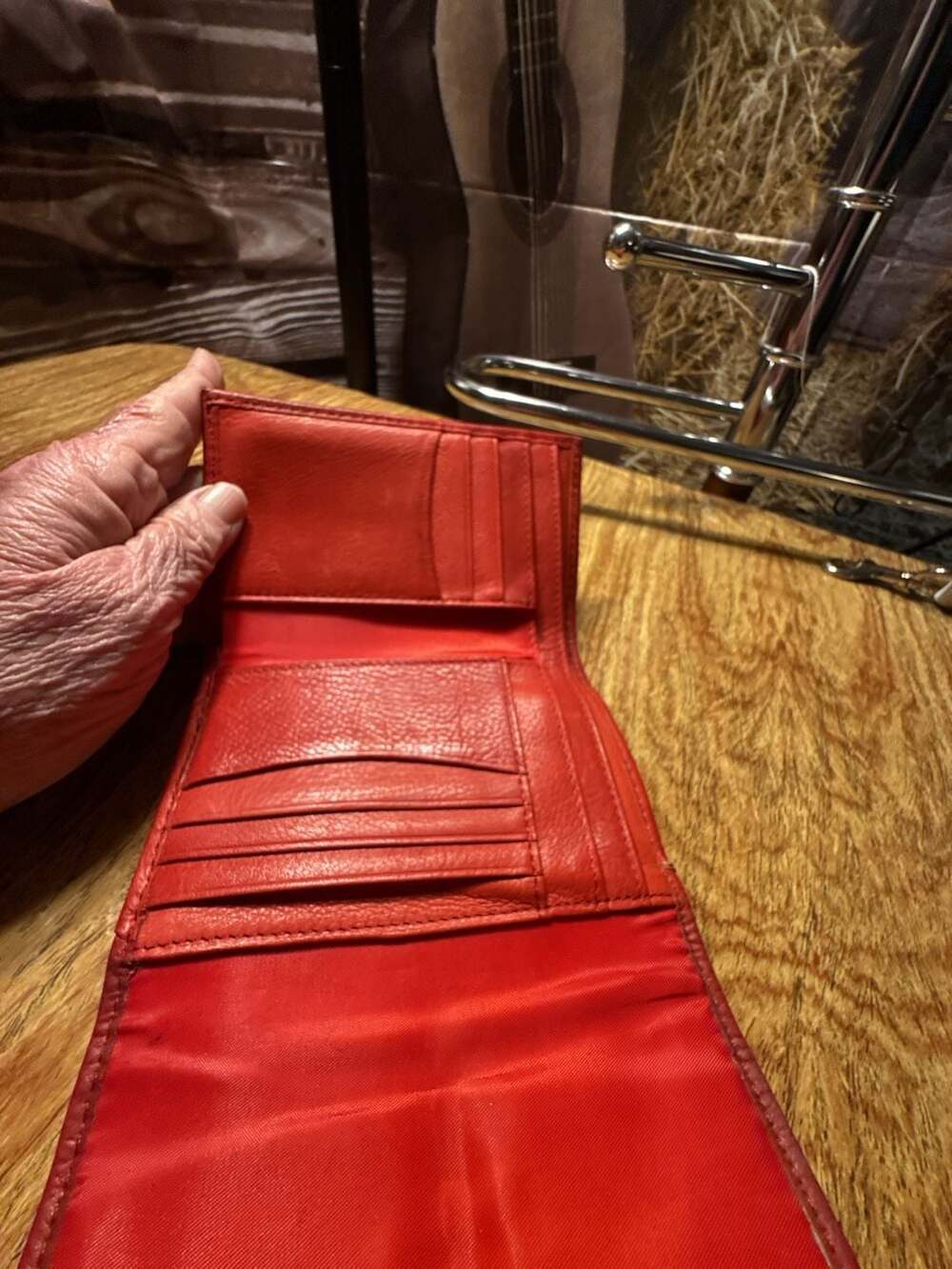 Genuine Leather Red Trifold Wallet with External Zip Pocket - Picture 3 of 3